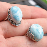 Larimar/Dendritic Qtz/Emerald/Flower Amber/Sillimanite/Silver rutilated S925 Sterling silver ring and pendent