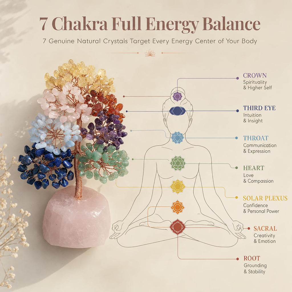 7 Chakra Tree of Life Tree with Raw Rose Quartz Base