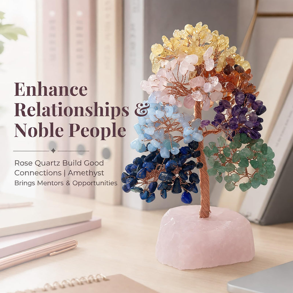 7 Chakra Tree of Life Tree with Raw Rose Quartz Base