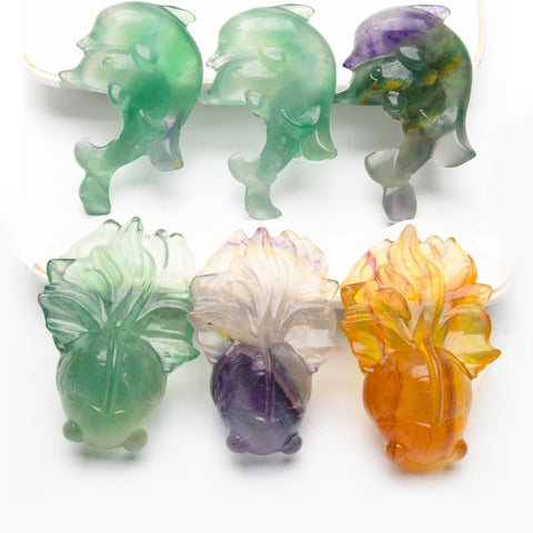 Fluorite dolphins and goldfish carvings【New！】