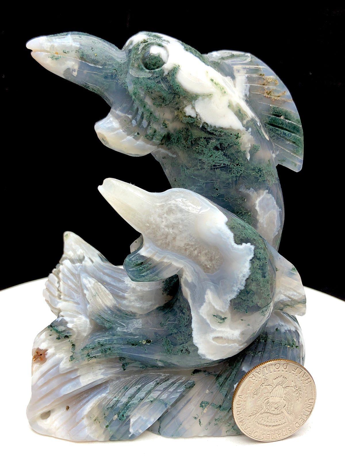 moss agate Dophin carving