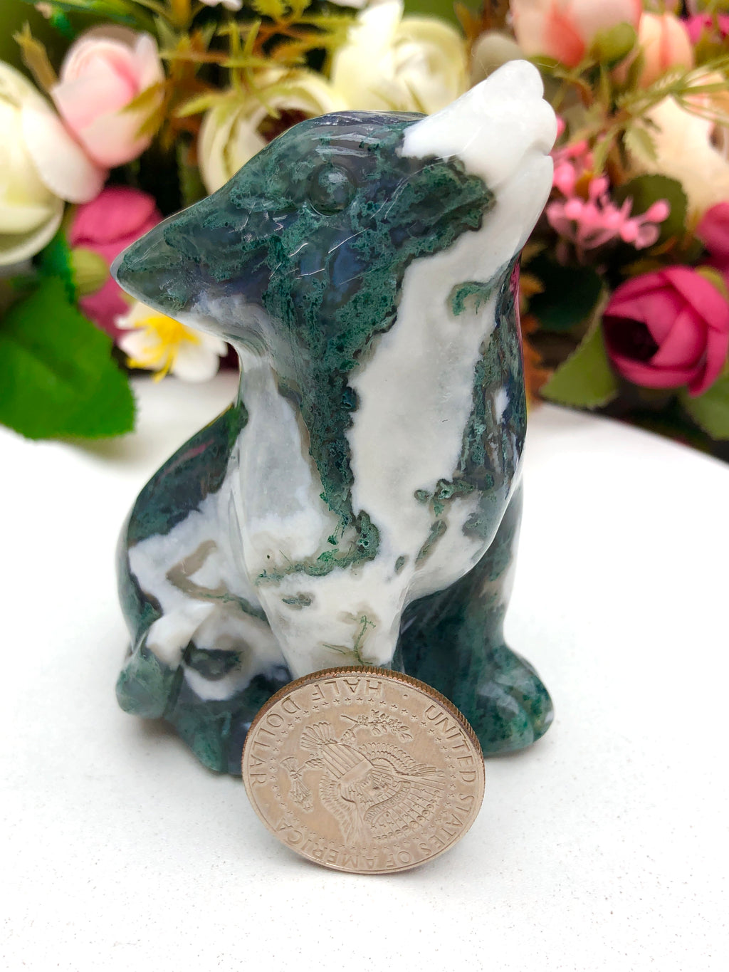 moss agate wolf carving
