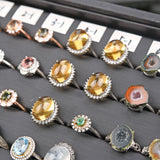 Tourmaline/Larimar/Citrine/Topaz/dumortierite/emerald/Star Rose Qtz/ agate geode/Angel Feather S925 silver rings